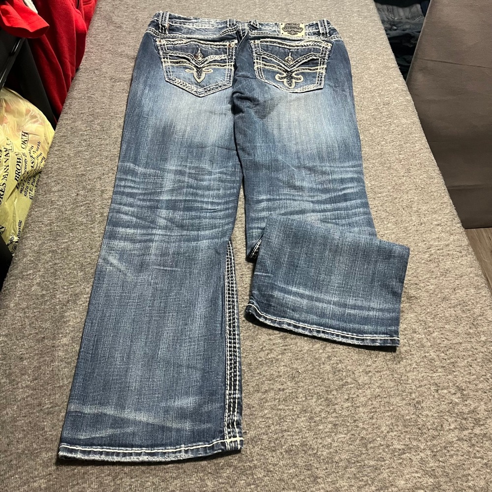 Rock Revival Corvus Straight Leg Jeans Mens 36x32 Distressed Blue Denim
